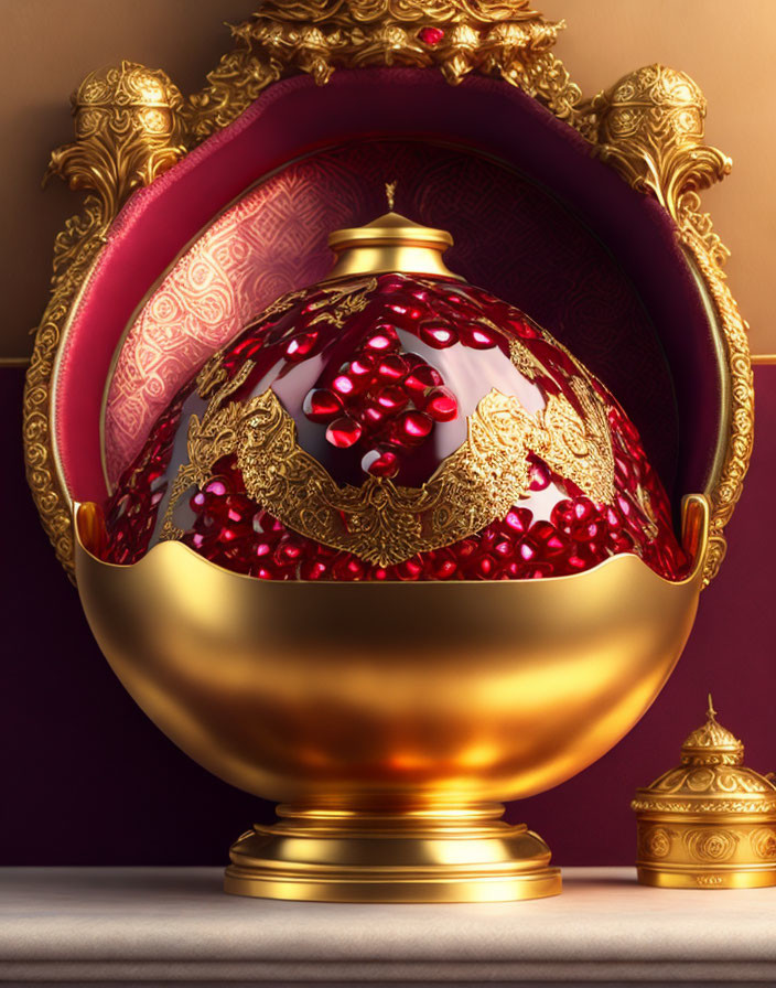 Golden spherical container with red jewels on purple backdrop and smaller piece