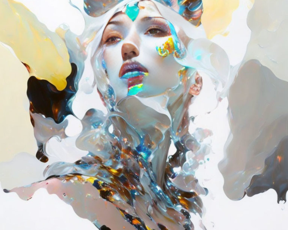 Vibrant surreal portrait with flowing paint-like forms.