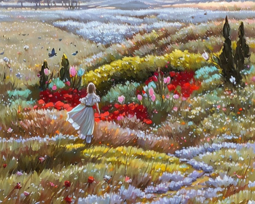 Girl in white dress strolling vibrant meadow with flowers and butterflies