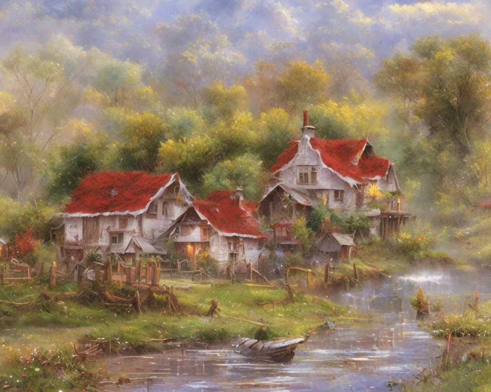 Tranquil countryside river scene with cozy thatched-roof cottages