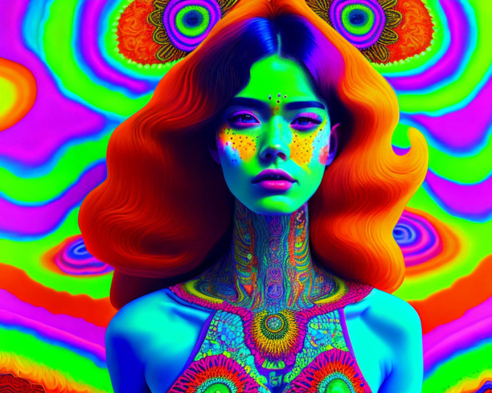 Colorful Digital Artwork: Woman with Red Hair & Psychedelic Patterns