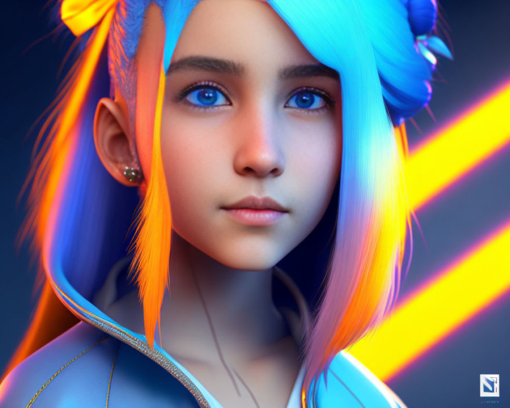 Vibrant digital artwork: girl with blue eyes and colorful hair