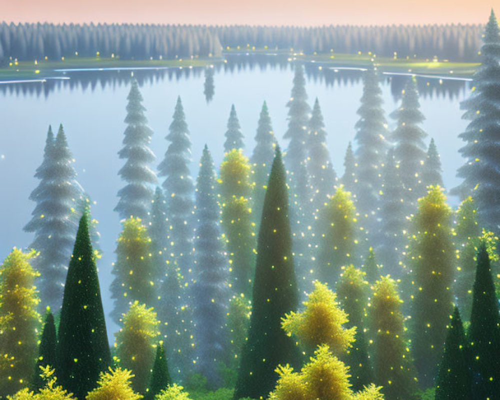 Tranquil forest with glowing lights, calm lake, stars, and distant planet