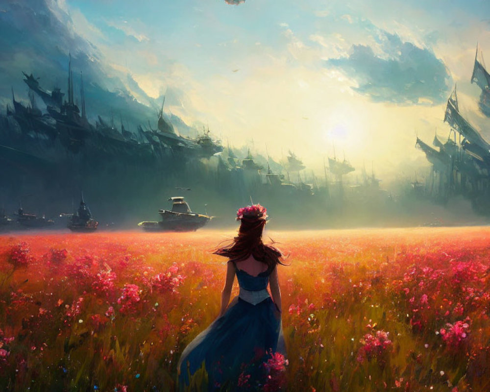 Girl in Blue Dress with Flower Crown in Vibrant Flower Field Facing City with Floating Ships under Golden Sky