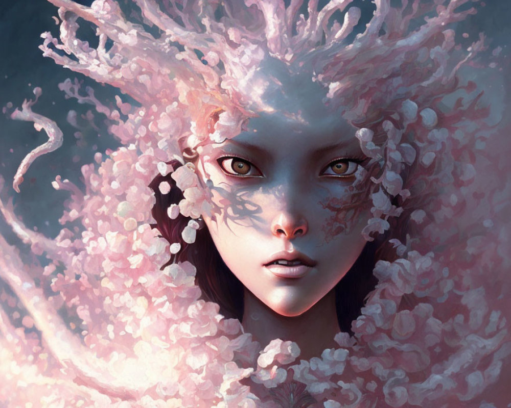 Fantasy image of pale-skinned female with dark eyes and pink coral headdress