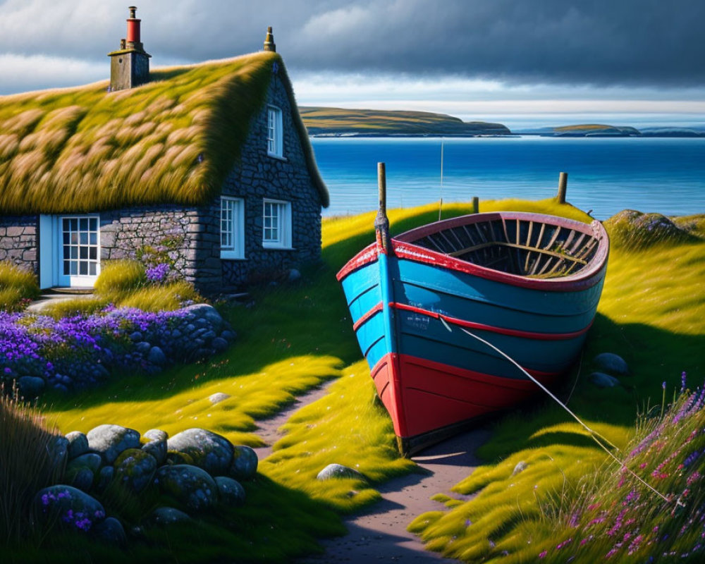 Colorful Seaside Scene with Thatched Cottage and Boat on Grass