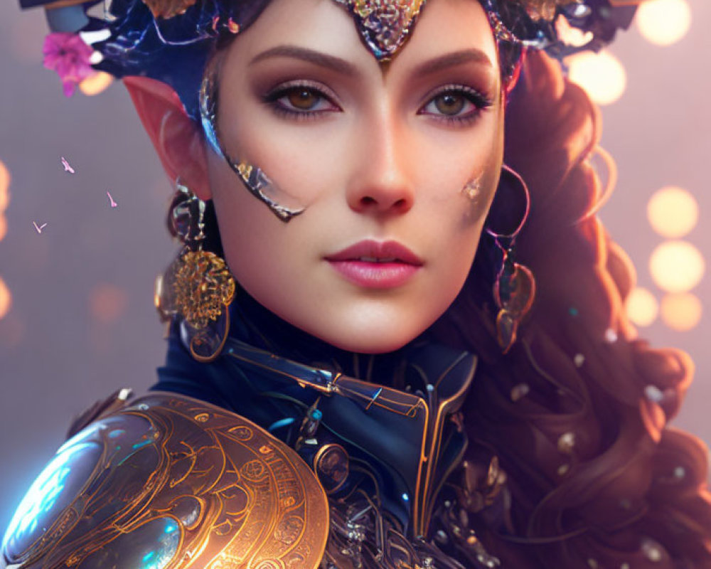 Elaborate fantasy armor and headdress with glowing elements on woman