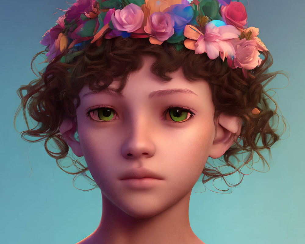 Child's digital portrait: green-eyed, curly hair, colorful flower crown, blue background