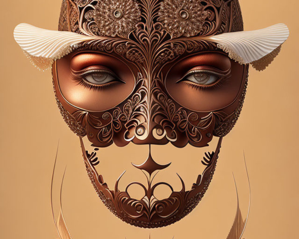 Detailed feathered mask graphic in warm earthy tones