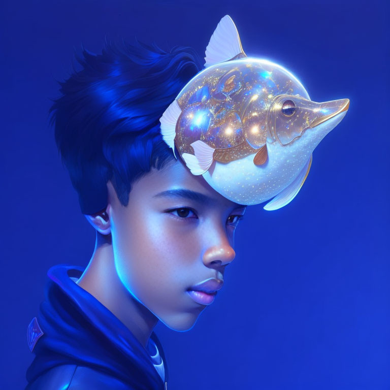 Digital art: Young person in futuristic fish helmet on deep blue background