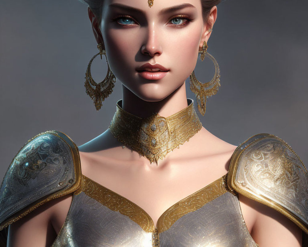 Digital artwork: Woman with blue eyes in golden armor and jewelry