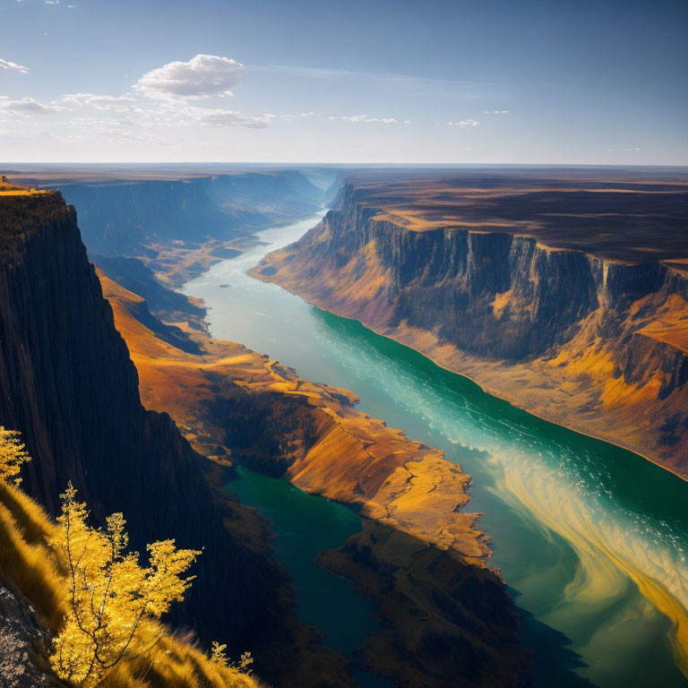 Aerial View of River in Deep Canyon with Steep Cliffs