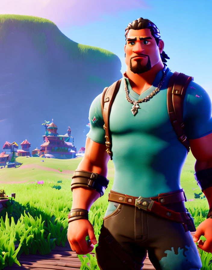 Muscular male character with black hair, headband, and beard in vibrant 3D landscape