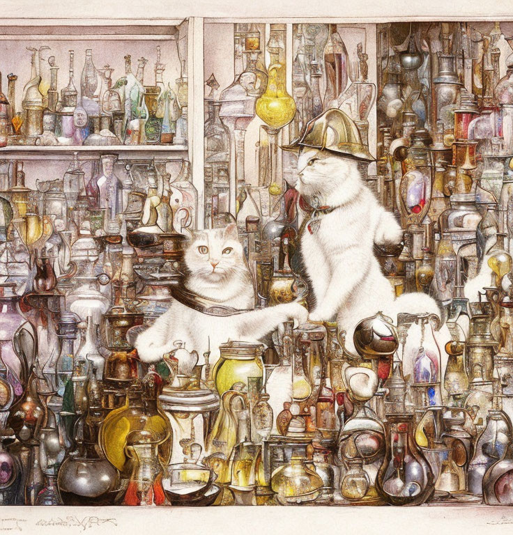 Colorful Bottles and Cats in Hats and Spectacles Displayed on Shelves