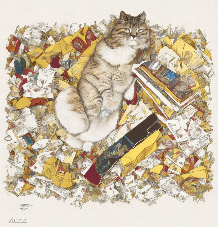 Fluffy cat on pile of letters, envelopes, and books