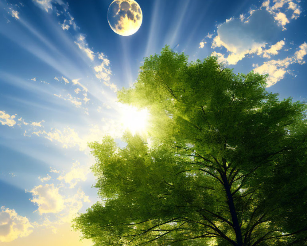 Full Moon and Sun Rays Over Green Tree in Serene Sky