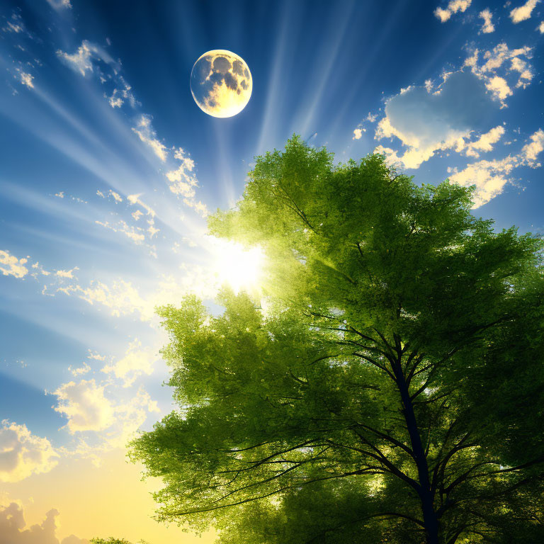 Full Moon and Sun Rays Over Green Tree in Serene Sky