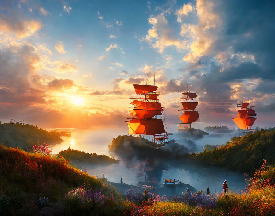 Red-sailed tall ships on river at sunset with lush landscape and observer