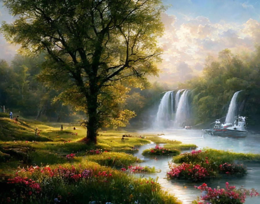 Tranquil landscape with tree, flowers, waterfall, river, and people