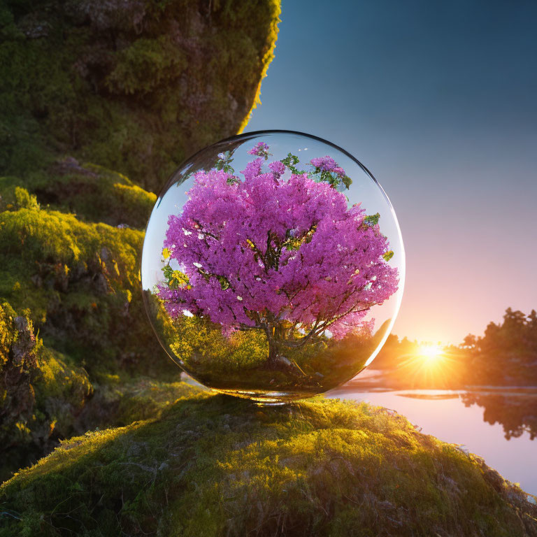 Cherry Blossom Tree in Glass Sphere on Moss-Covered Rock by Calm Lake