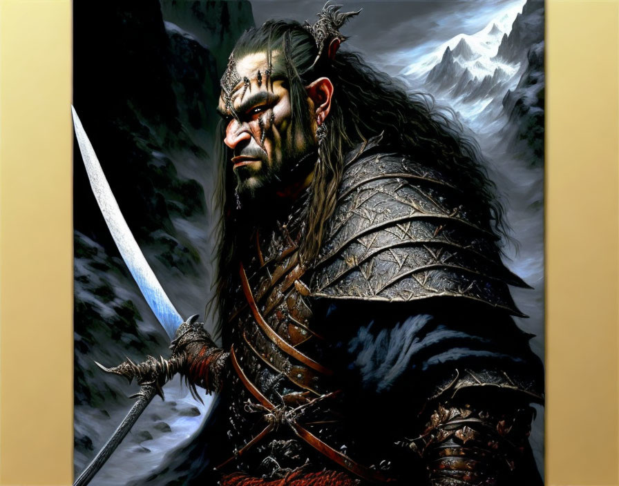Armored warrior with orcish features wielding a sword in snowy mountains