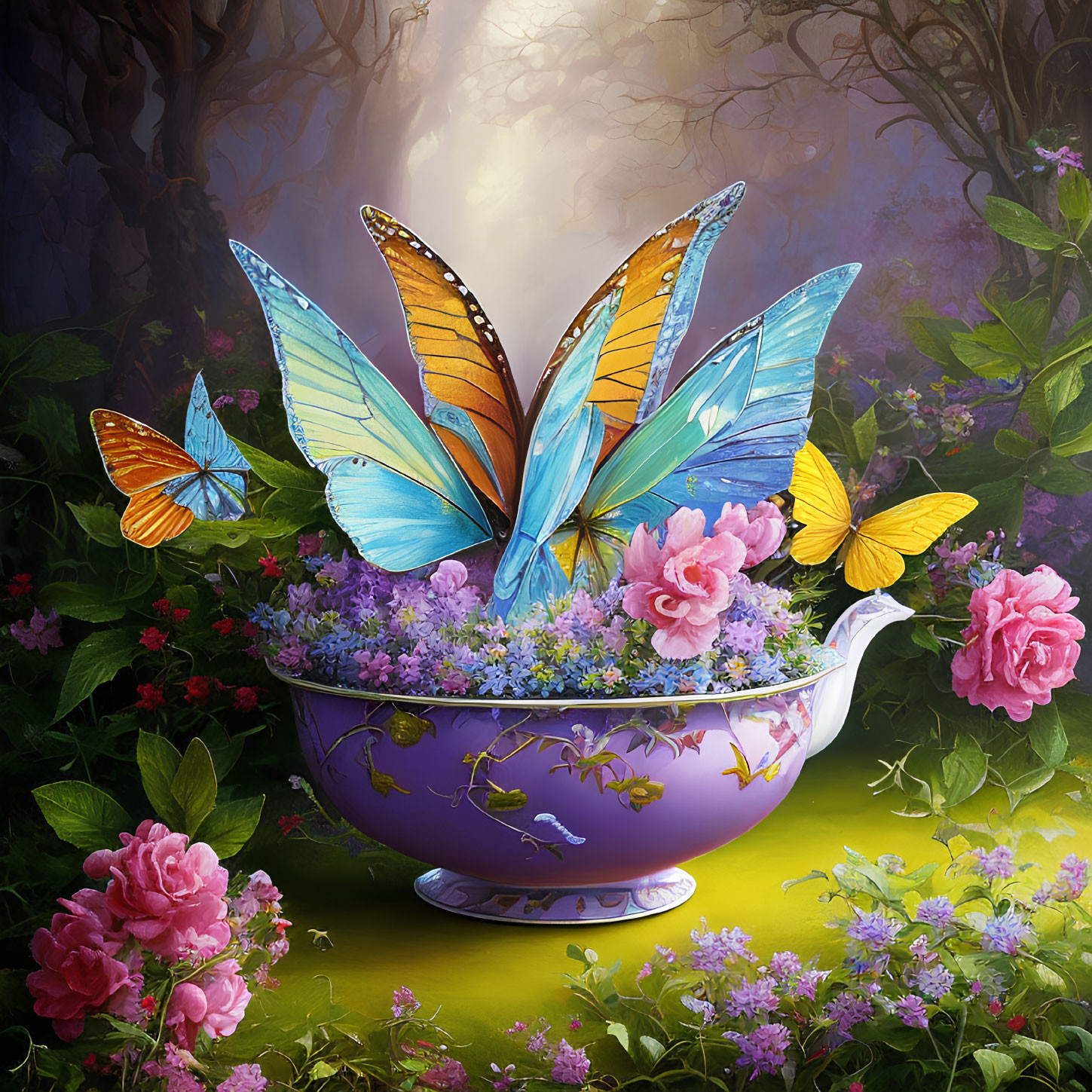 Colorful Digital Art: Purple Teacup, Flowers, Butterflies in Forest