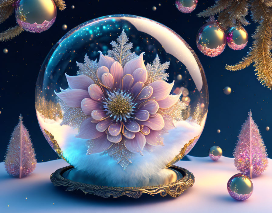 Snow Globe with Blooming Flower, Christmas Trees, Ornaments, and Starry Night Background