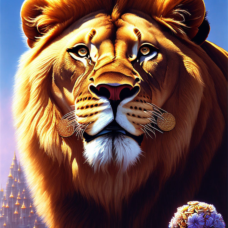 Majestic lion with striking eyes and full mane in regal fantasy setting