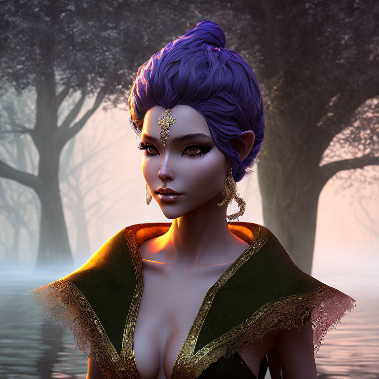 Fantasy character with purple hair and exotic jewelry in misty forest