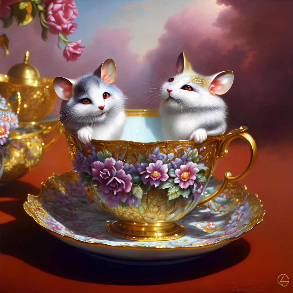 Whimsical cartoon mice in ornate teacup with golden tea set