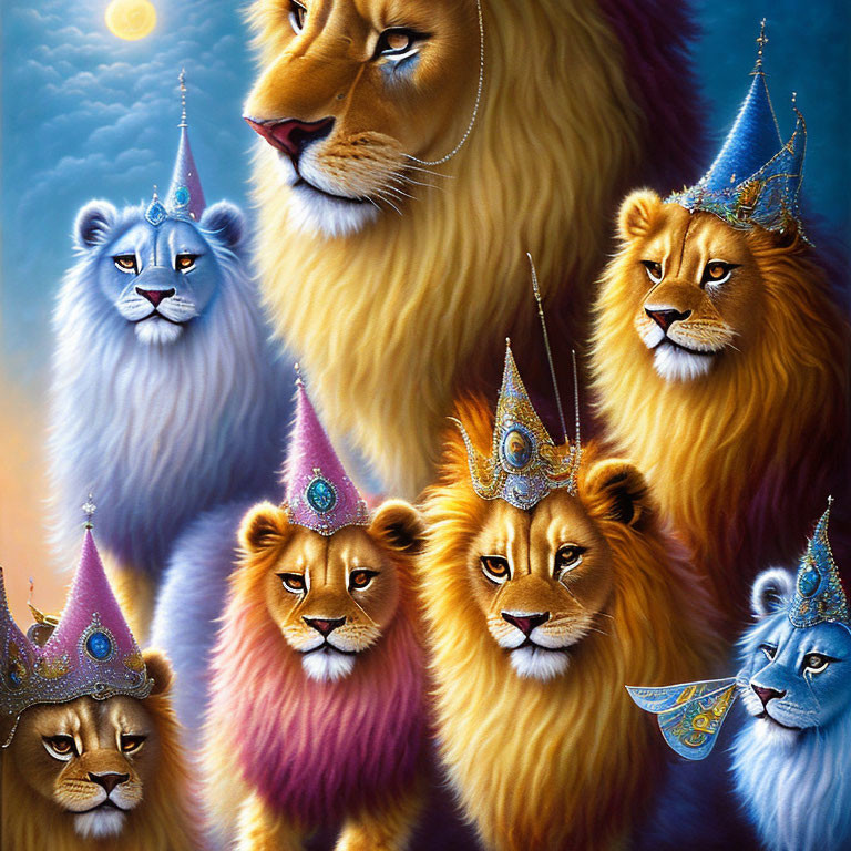 Majestic lions with royal crowns in colorful sky scene