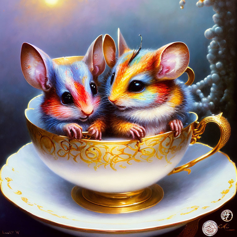 Vividly Colored Anthropomorphic Mice in Ornate Teacup