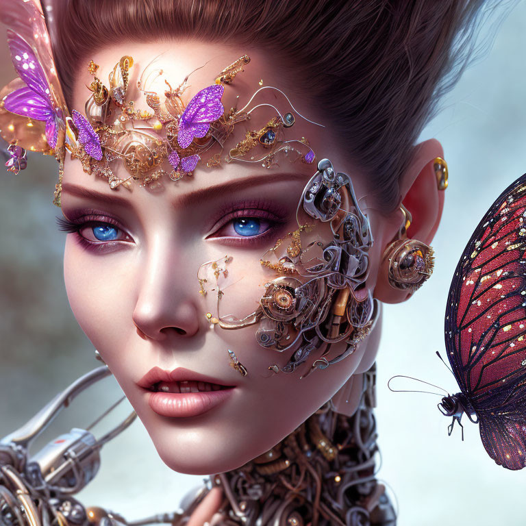 Hyper-realistic digital artwork: Female figure with cyborg features, gold filigree, butterflies,