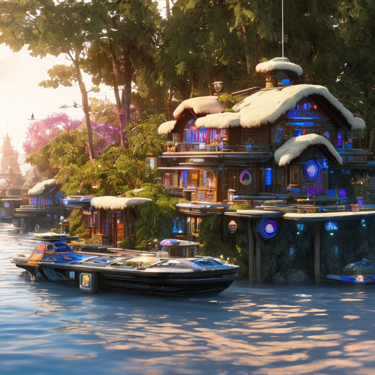 Futuristic riverside scene with modern dwelling, lush trees, and sleek boat at sunset