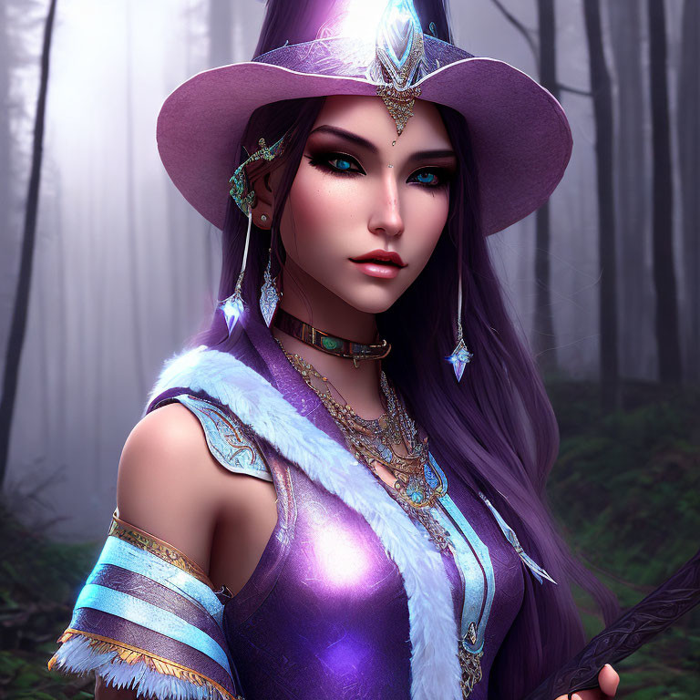 Fantasy digital illustration of woman in purple hair and wide-brimmed hat in misty forest