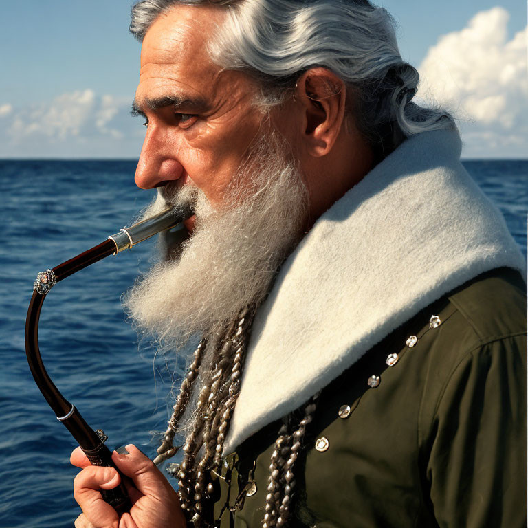 Elderly man with white beard in green coat smoking pipe by blue sea