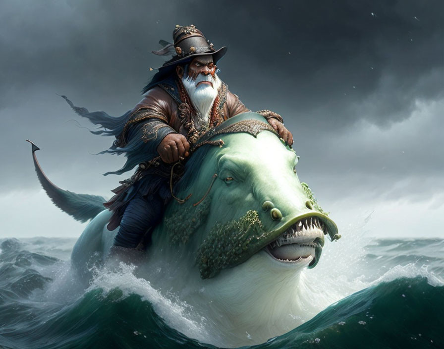 Illustration of grizzled sea captain on giant fish in stormy ocean