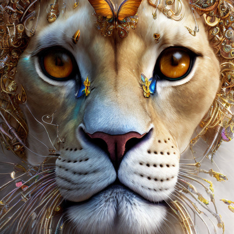 Intricately Adorned Lion's Face with Jewel-Like Eyes and Butterflies