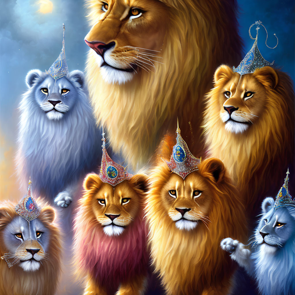 Six regal lions with jeweled crowns on celestial background