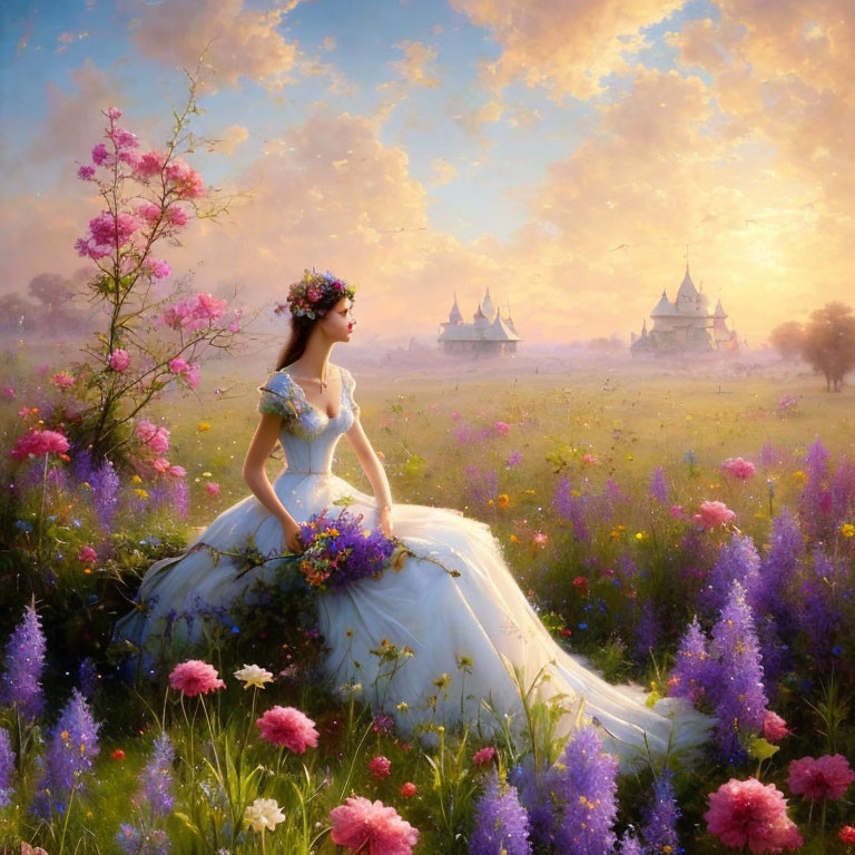 Woman in white dress standing in blooming meadow at sunset with castles in background