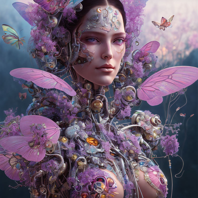 Portrait of a woman with floral and mechanical elements in a dreamy setting.