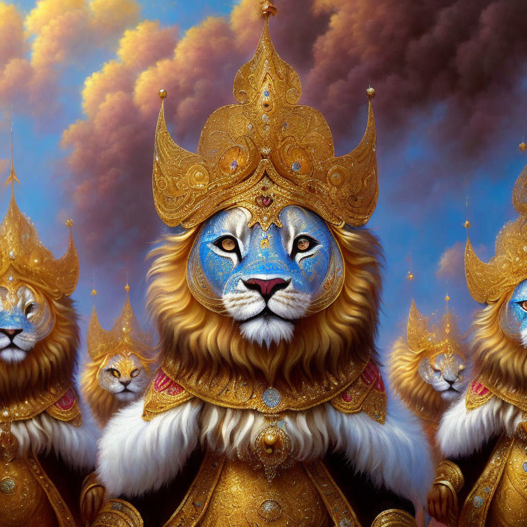 Majestic lion in golden armor and crown with blue eyes, surrounded by regal lions under dramatic