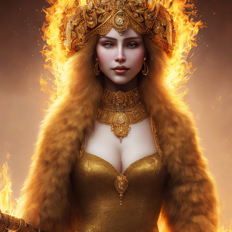 Regal Woman with Fiery Crown and Gold Attire in Abstract Flames