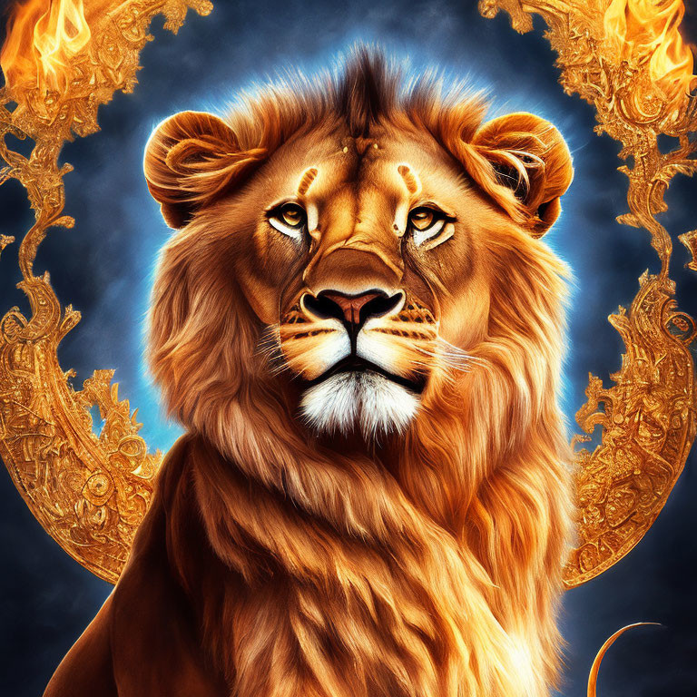 Majestic lion with fiery mane and golden patterns on dark blue background