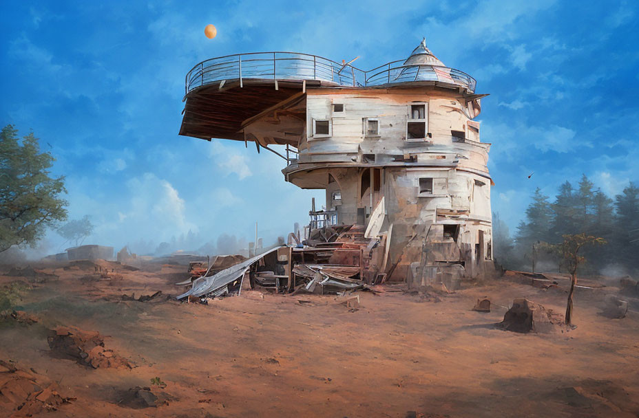 Abandoned futuristic water tower in desolate landscape with orange orb