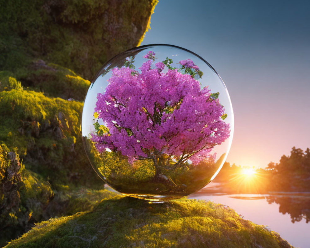 Cherry Blossom Tree in Glass Sphere on Moss-Covered Rock by Calm Lake