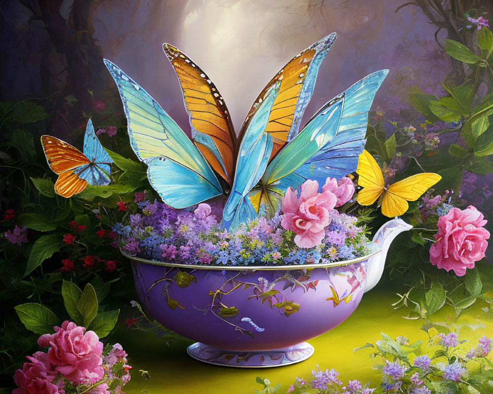 Colorful Digital Art: Purple Teacup, Flowers, Butterflies in Forest