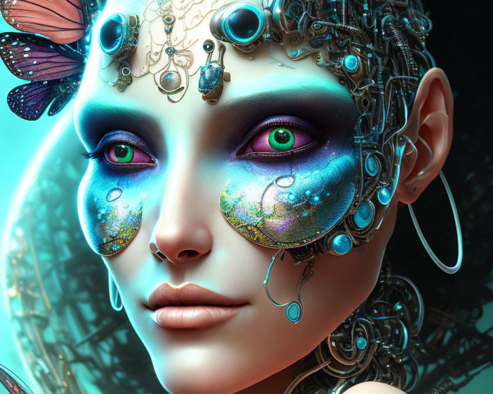 Portrait of female figure with vibrant green eyes and cybernetic enhancements surrounded by butterflies