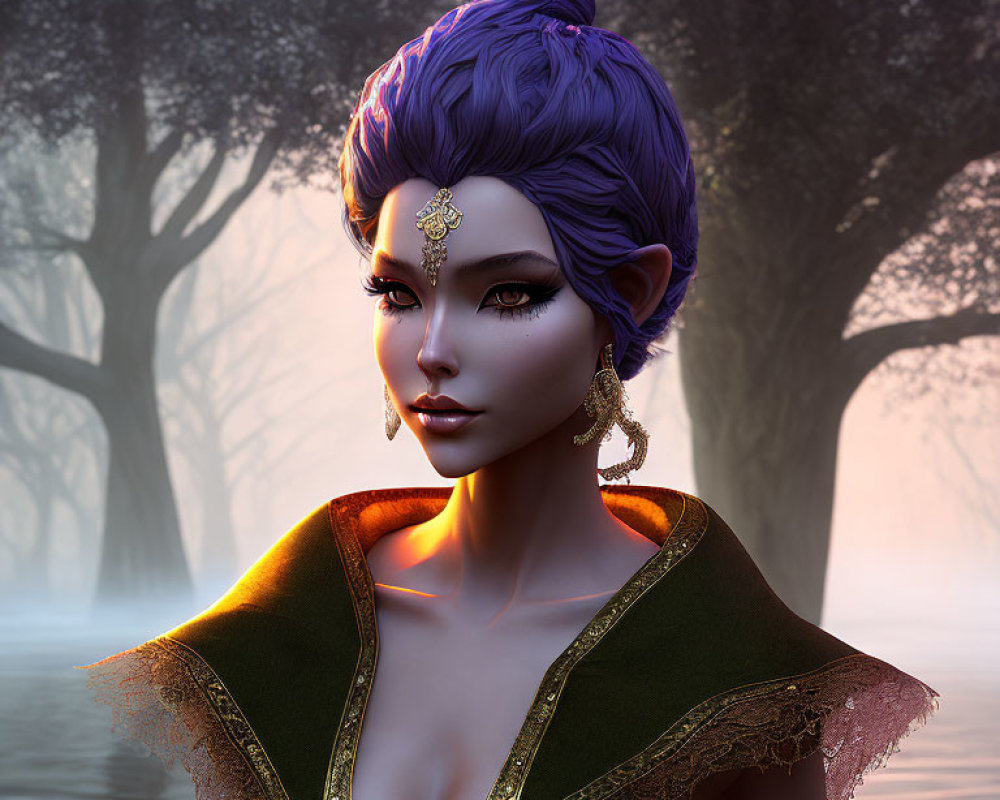 Fantasy character with purple hair and exotic jewelry in misty forest