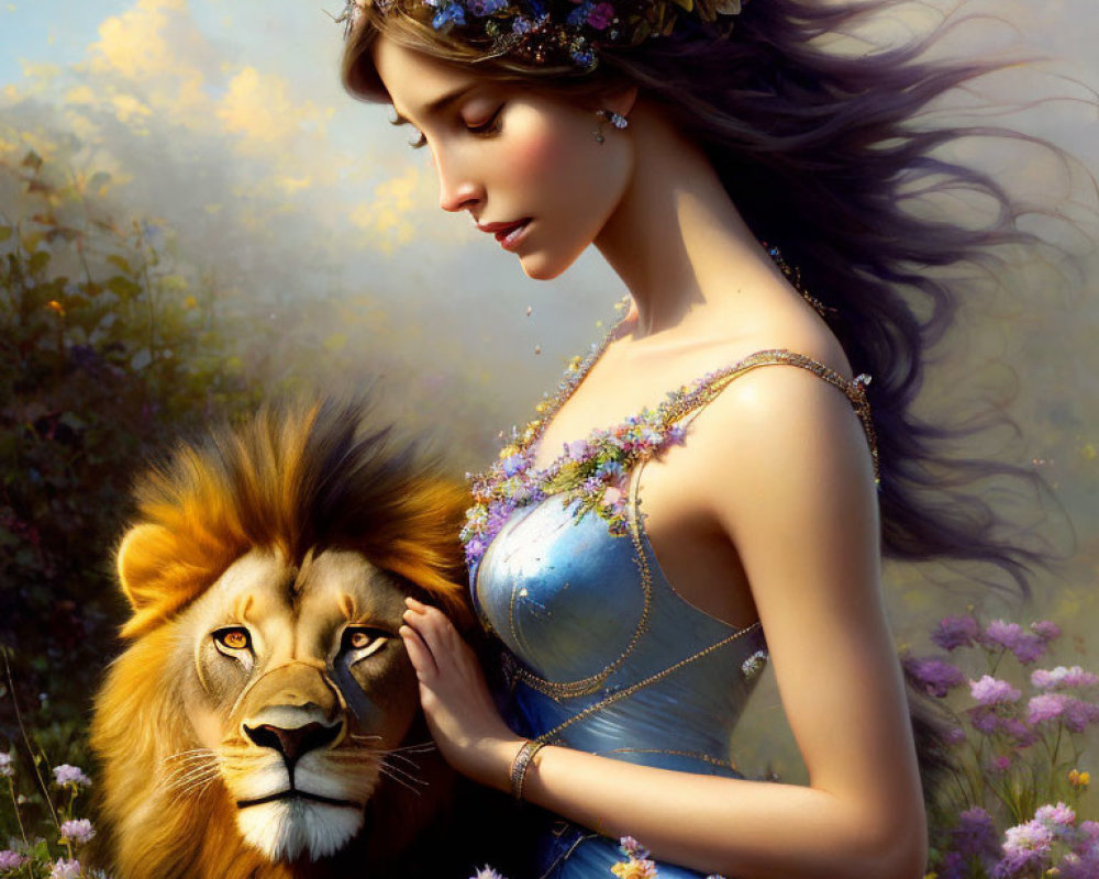 Woman in Blue Dress Embracing Lion in Blooming Field